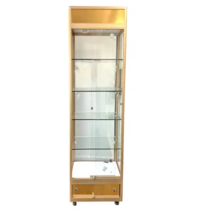Gold Glass Display Cabinet with LED Lights and Storage | H207cm x L40cm x W40cm | Collection Only