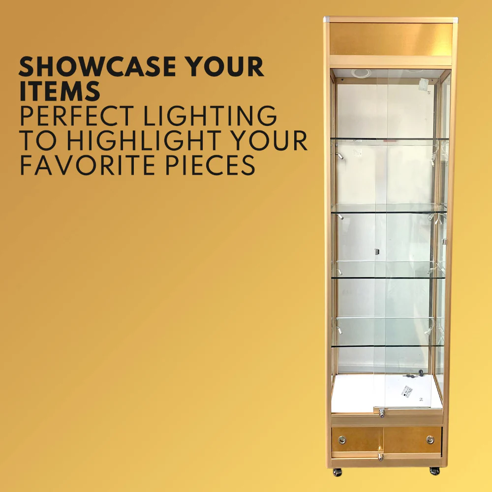 Gold Glass Display Cabinet with LED Lights and Storage | H207cm x L40cm x W40cm | Collection Only - Image 3