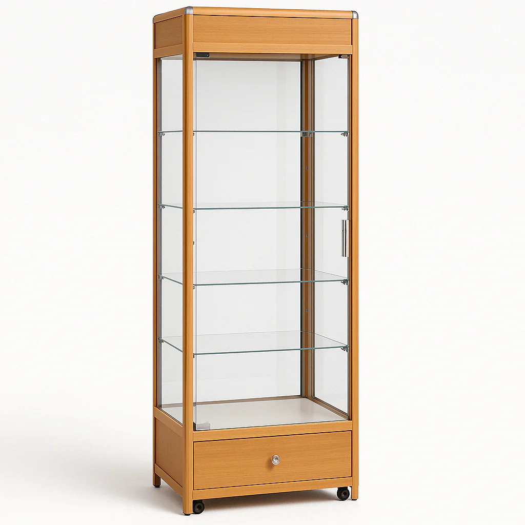 Gold Glass Display Cabinet with LED Lights and Storage | H207cm x L40cm x W40cm | Collection Only - Image 4