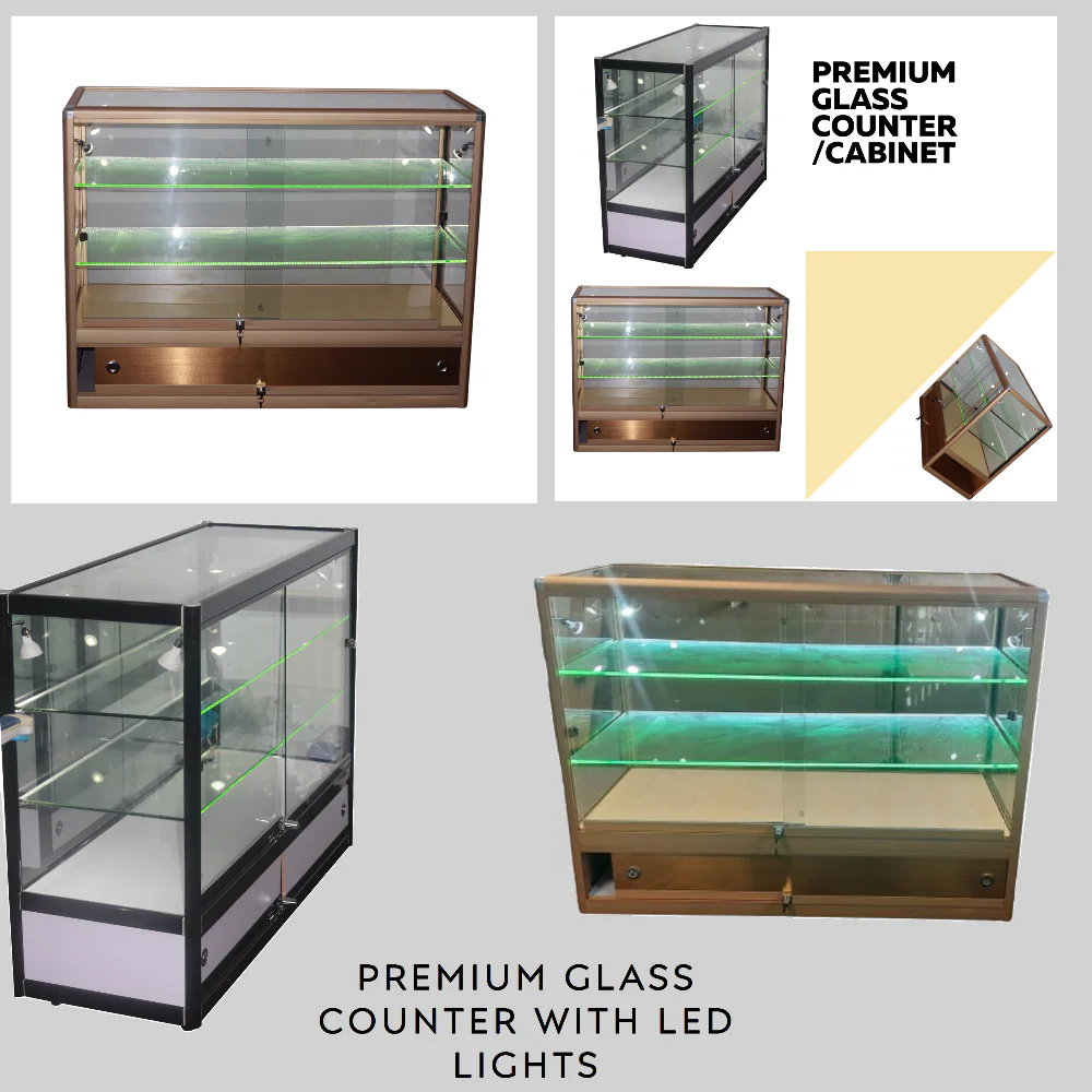 Premium Glass Counter with LED Lights, Locks, and Spotlights - Gold Finish | 50cm x 120cm x 90cm - Image 7