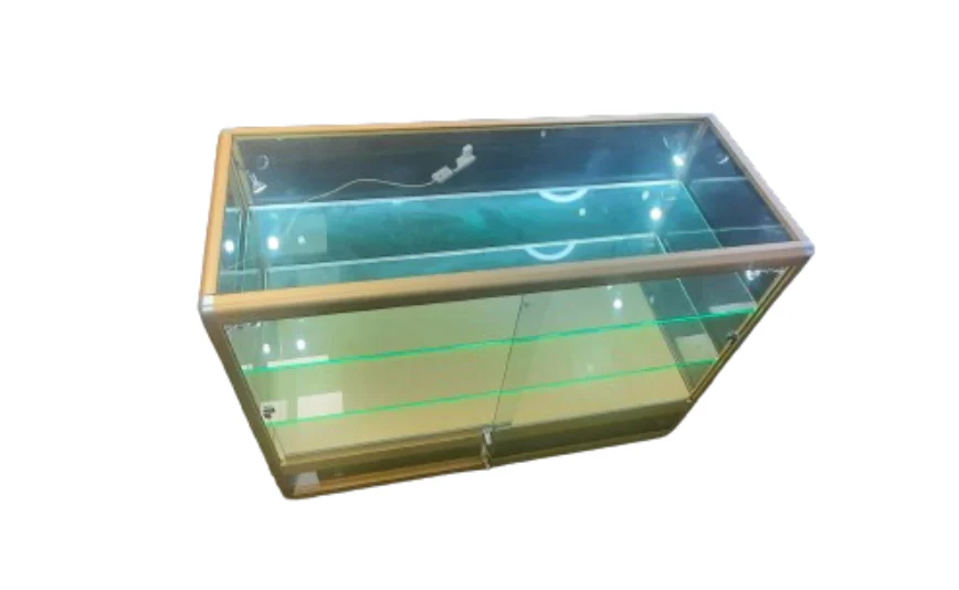 Premium Glass Counter with LED Lights, Locks, and Spotlights - Gold Finish | 50cm x 120cm x 90cm - Image 4