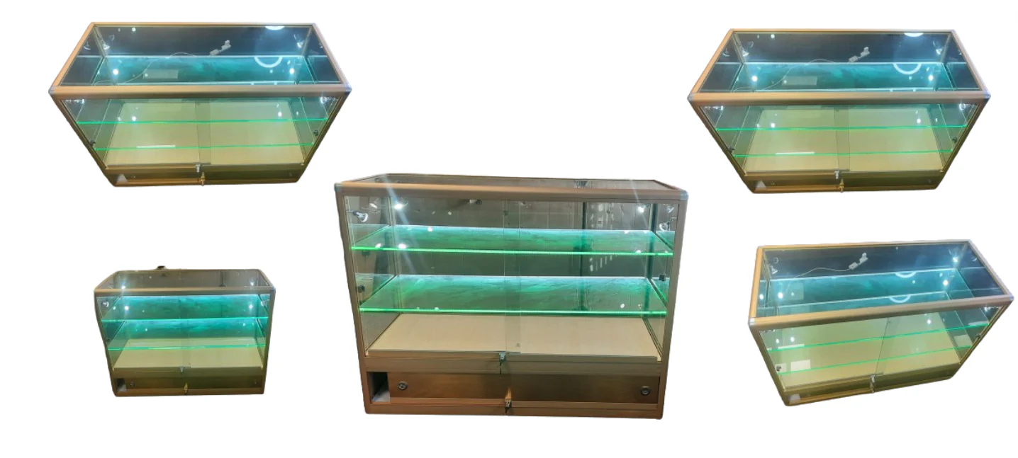 Premium Glass Counter with LED Lights, Locks, and Spotlights - Gold Finish | 50cm x 120cm x 90cm - Image 6