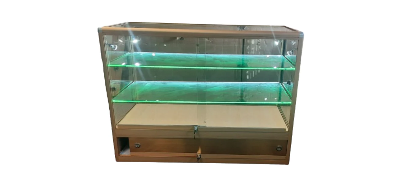 Premium Glass Counter with LED Lights, Locks, and Spotlights - Gold Finish | 50cm x 120cm x 90cm - Image 5
