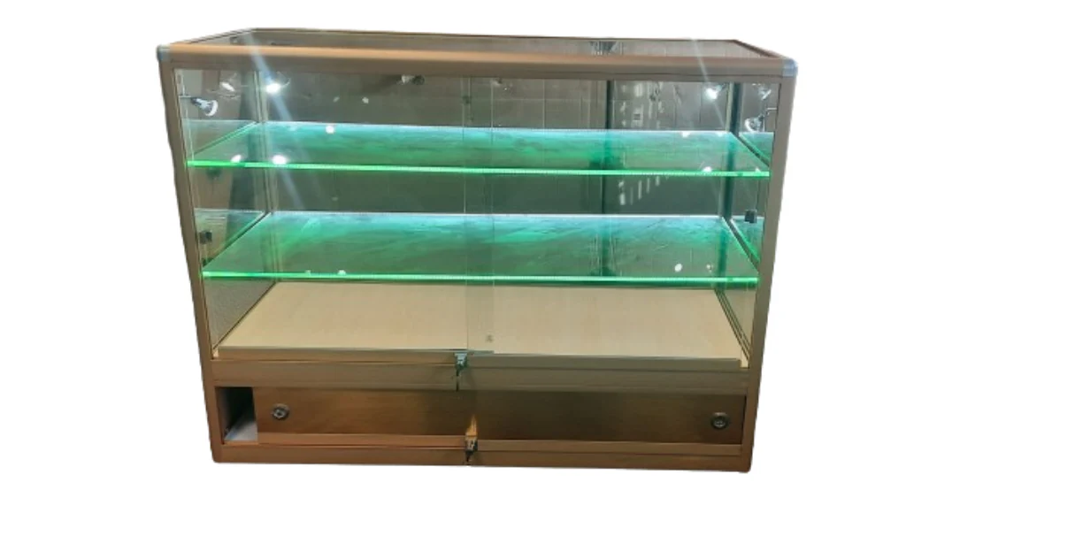 Premium Glass Counter with LED Lights, Locks, and Spotlights - Gold Finish | 50cm x 120cm x 90cm - Image 3